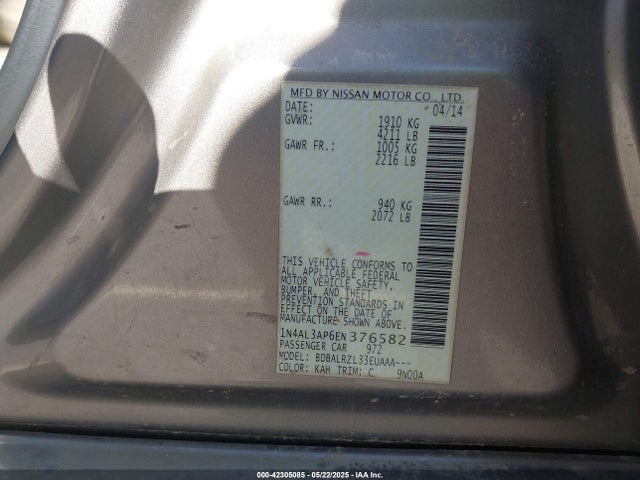 1N4AL3AP6EN376582 Nissan Altima 2.5/2.5 S/2.5 Sl/2.5 Sv
