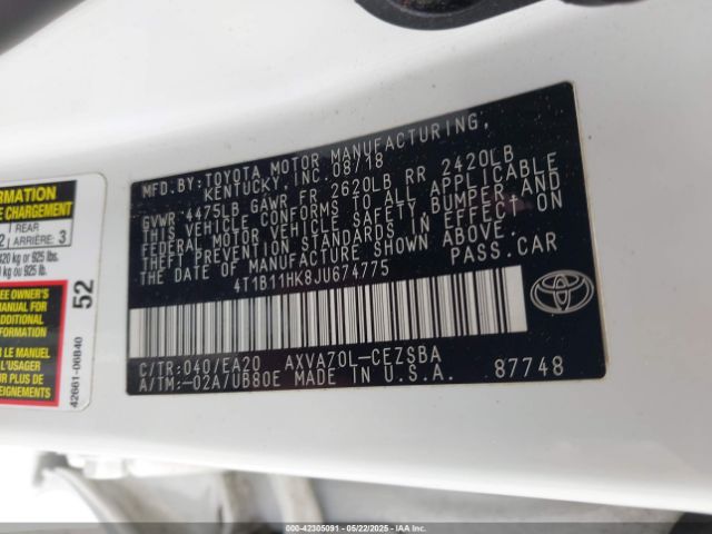 2018 TOYOTA CAMRY 4T1B11HK8JU674775 Photo 8
