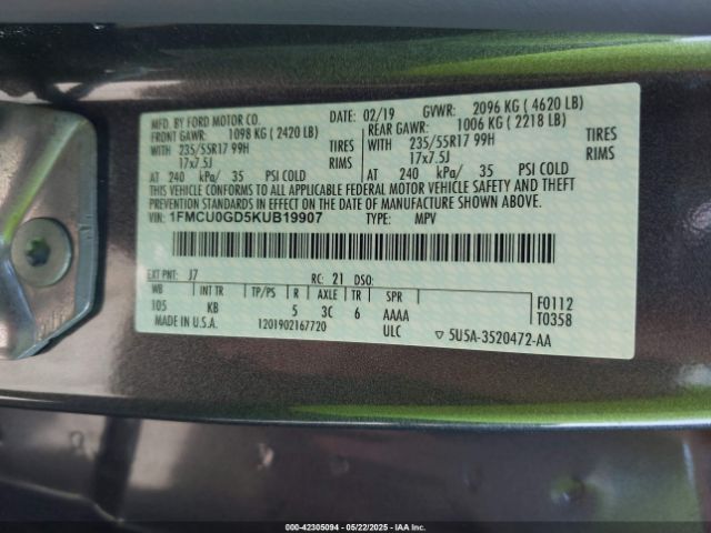 1FMCU0GD5KUB19907 Ford ESCAPE SE