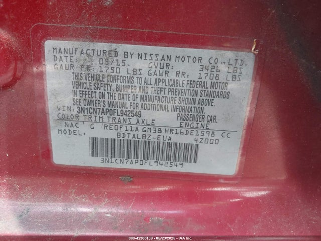 3N1CN7AP0FL942549 Nissan Versa 1.6 Sv
