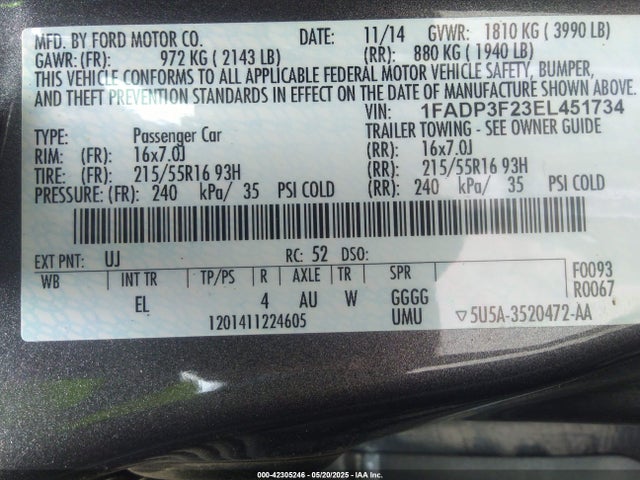 1FADP3F23EL451734 Ford FOCUS SE