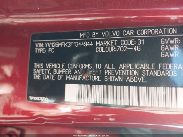 YV126MFK3F1344944 Volvo S60 T5 Premier