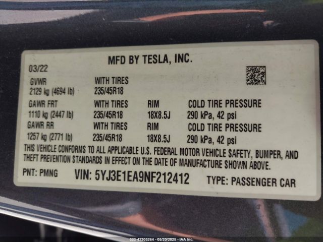 2022 TESLA MODEL 3 5YJ3E1EA9NF212412 Photo 8