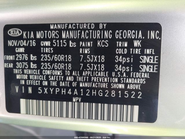 5XYPH4A12HG281522 KIA Sorento 2.0t Ex