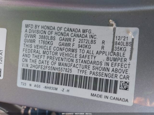 2022 HONDA CIVIC 2HGFE2F55NH557825 Photo 8