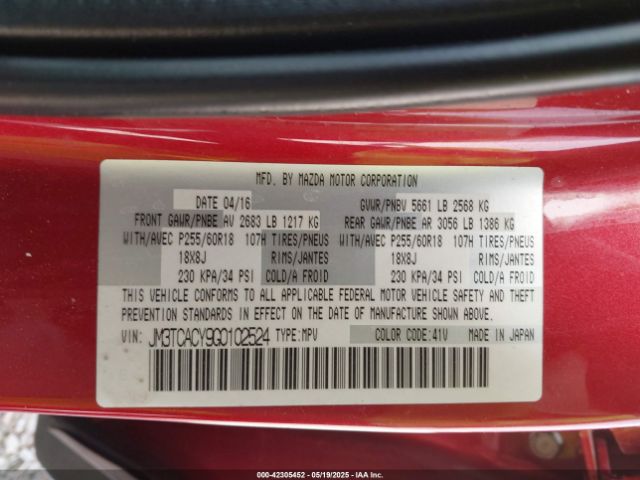 JM3TCACY9G0102524 Mazda Cx-9 Touring