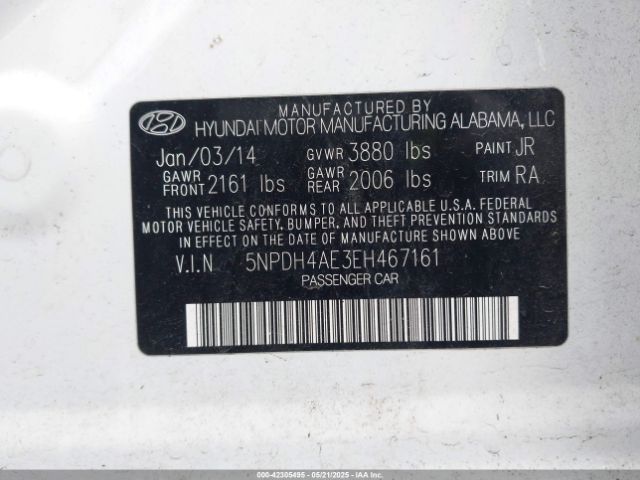5NPDH4AE3EH467161 Hyundai dohc mpi nu