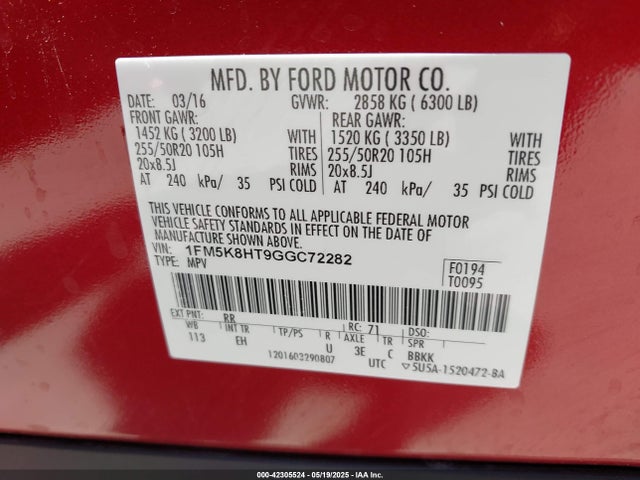 Ford Explorer 2016 1FM5K8HT9GGC72282 Image 9