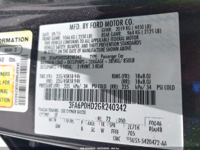 3FA6P0HD2GR240342 Ford FUSION SE