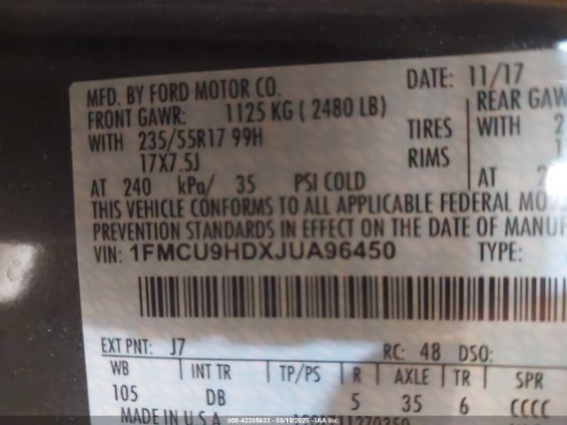 1FMCU9HDXJUA96450 Ford ESCAPE SEL