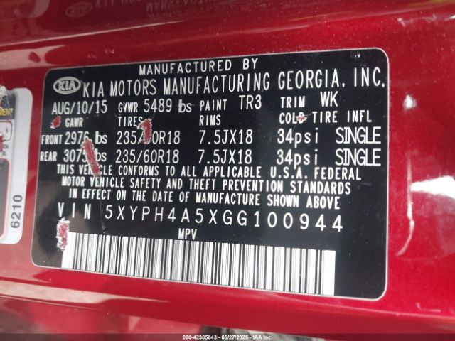 5XYPH4A5XGG100944 KIA Sorento 3.3l Ex