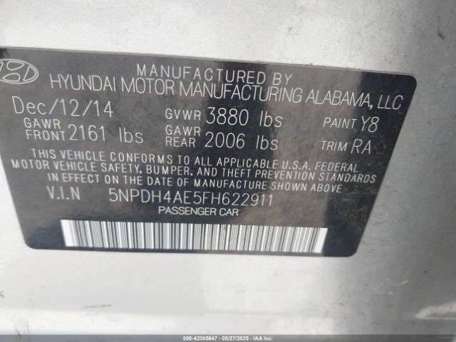 5NPDH4AE5FH622911 Hyundai ELANTRA SE