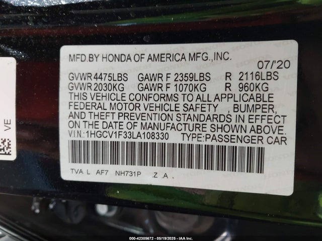 1HGCV1F33LA108330 Honda Accord Sport