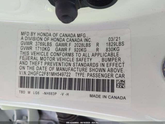 2HGFC2F81MH549722 Honda Civic Sport