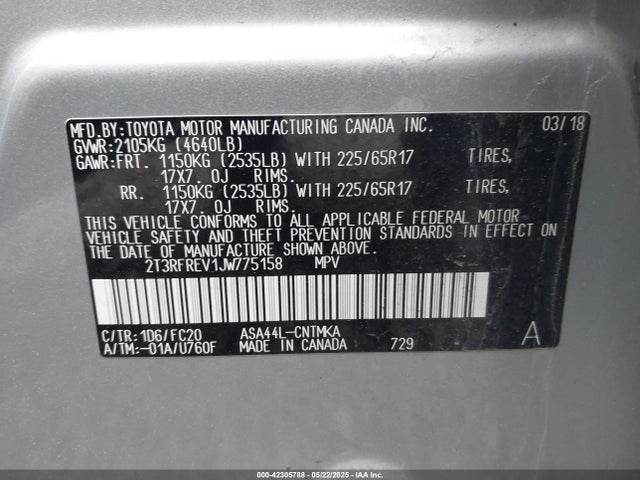2T3RFREV1JW775158 Toyota 2ar-fe