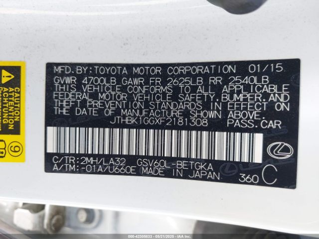 JTHBK1GGXF2181308 Lexus Es 350 Crafted Line