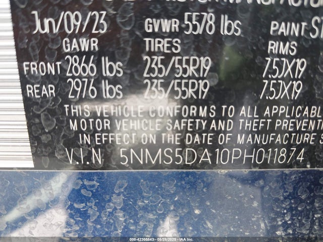 2023 Hyundai Santa Fe Hybrid Limited მანქანა იყიდება აუქციონზე, vin: 5NMS5DA10PH011874, აუქციონის ნომერი: 42305843