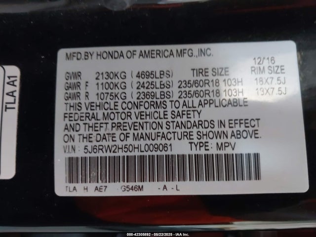 Honda CR-V EX 2017 5J6RW2H50HL009061 Image 9