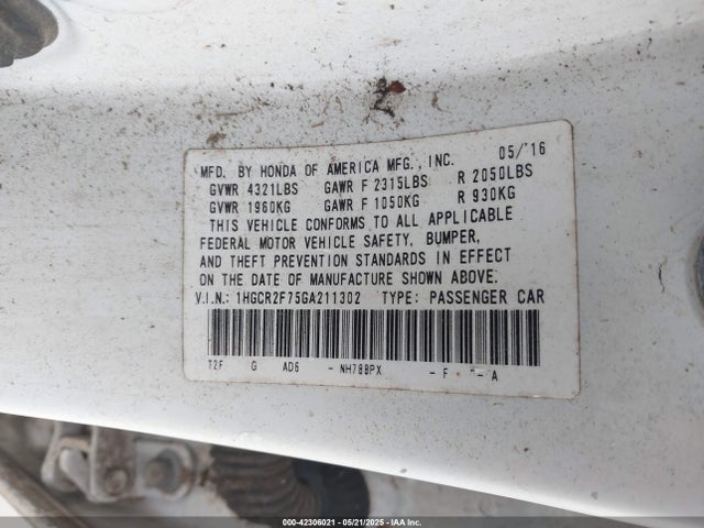 1HGCR2F75GA211302 Honda ACCORD EX