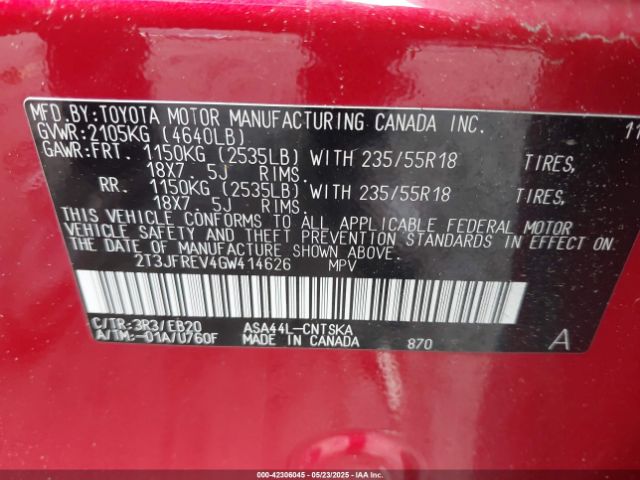 2T3JFREV4GW414626 Toyota RAV4 SE