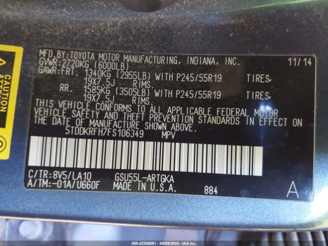 5TDDKRFH7FS106349 Toyota Highlander Limited Platinum V6/limited V6
