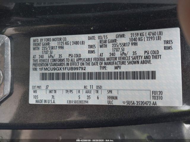1FMCU9GX1FUB99792 Ford ESCAPE SE
