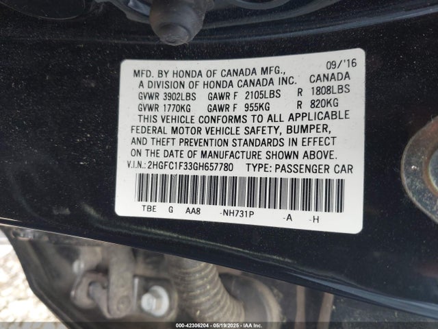 2HGFC1F33GH657780 Honda Civic Ex-t