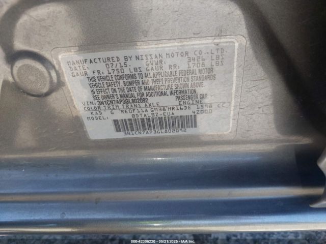 3N1CN7AP3GL802092 Nissan Versa 1.6 S/1.6 S+/1.6 Sl/1.6 Sv
