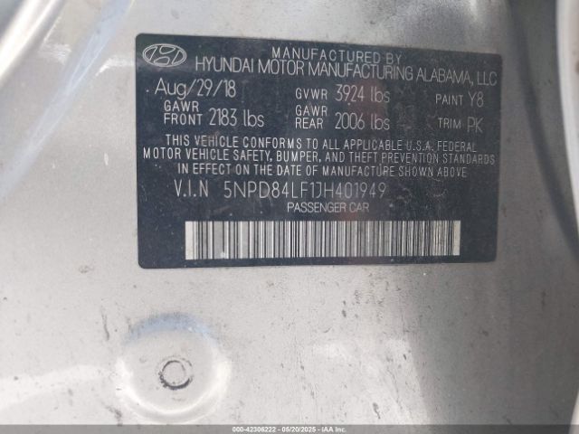 5NPD84LF1JH401949 Hyundai ELANTRA SEL