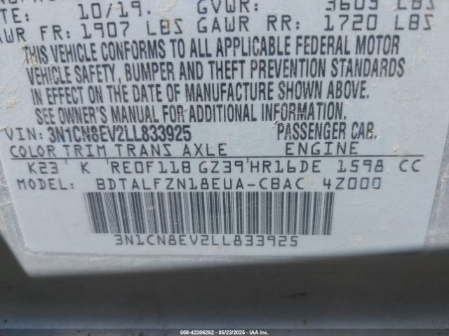 3N1CN8EV2LL833925 Nissan 2020