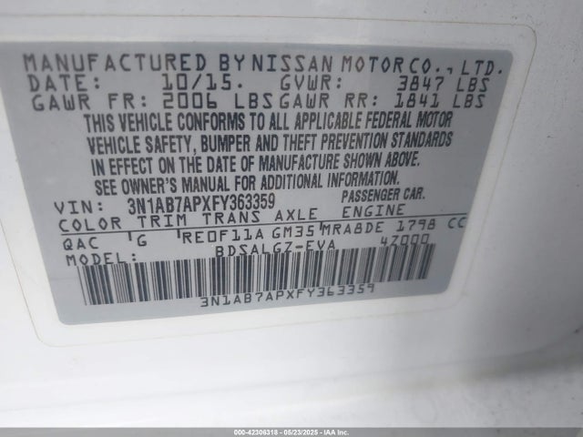 3N1AB7APXFY363359 Nissan SENTRA SL