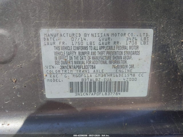 3N1CN7AP0FL837784 Nissan Versa 1.6 S/1.6 S+/1.6 Sl/1.6 Sv