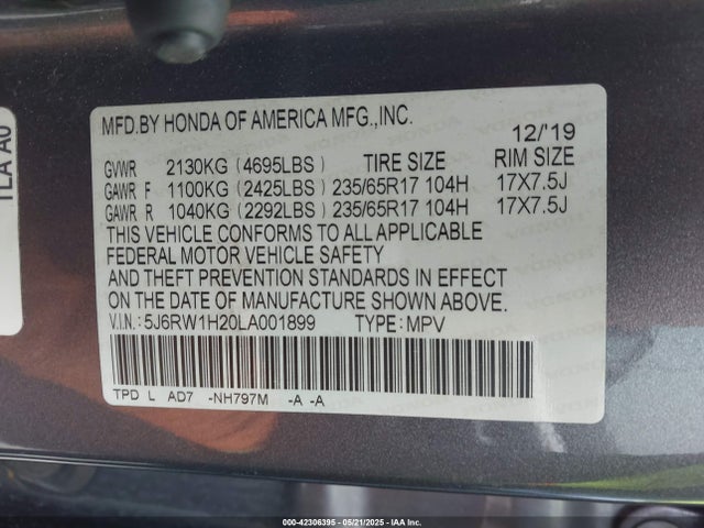 5J6RW1H20LA001899 Honda Cr-v 2wd Lx