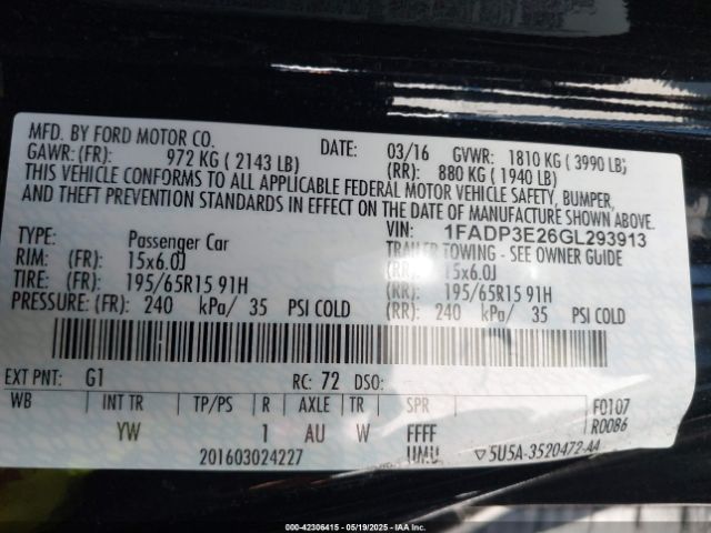 1FADP3E26GL293913 Ford FOCUS S