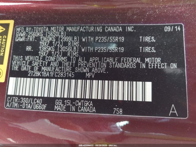 2T2BK1BA1FC283145 Lexus 2gr-fe