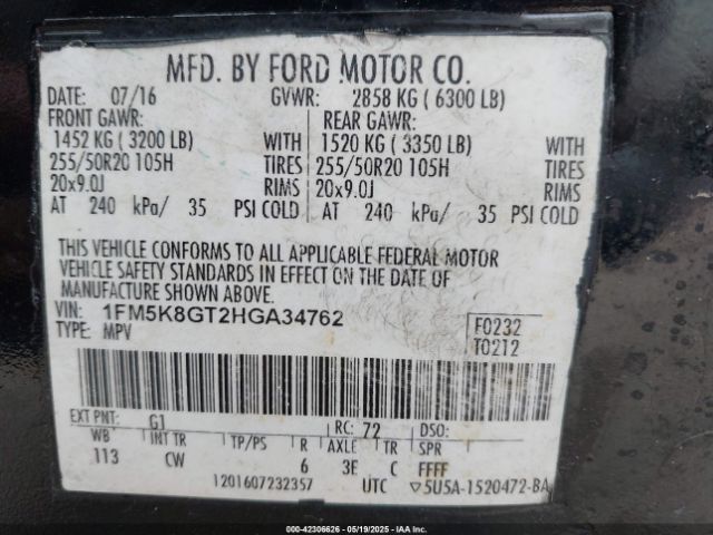 1FM5K8GT2HGA34762 Ford EXPLORER SPORT