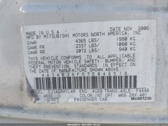2007 MITSUBISHI GALANT 4A3AB36F57E048518 Photo 8