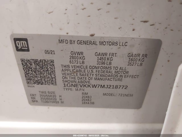 1GNEVKKW7MJ218772 Chevrolet Traverse Awd Premier