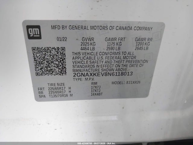 2GNAXKEV8N6118013 Chevrolet Equinox Fwd Lt