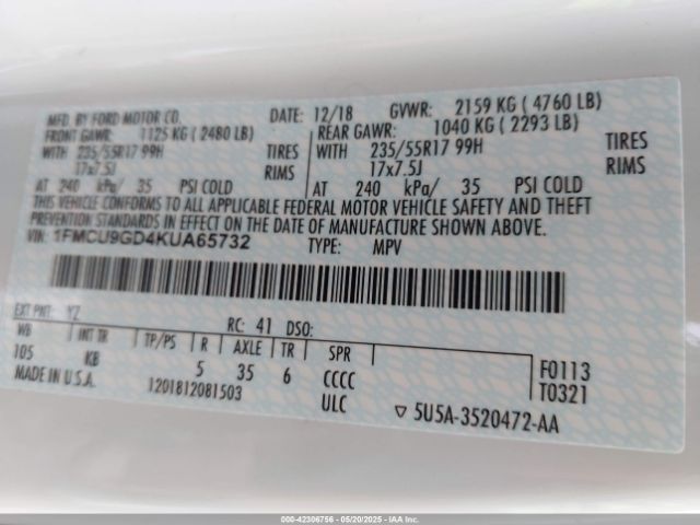 1FMCU9GD4KUA65732 Ford ESCAPE SE