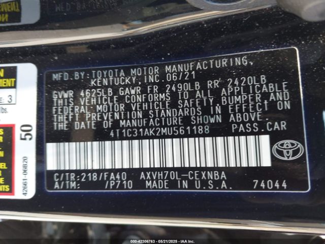 4T1C31AK2MU561188 Toyota Camry Le Hybrid