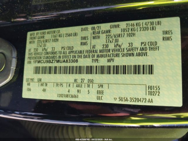 1FMCU9BZ7MUA83308 Ford Escape Se Hybrid