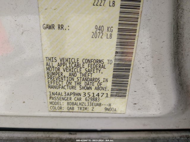 1N4AL3AP9HN351471 Nissan Altima 2.5 Sr