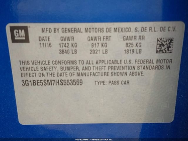 3G1BE5SM7HS553569 Chevrolet Cruze Lt Auto
