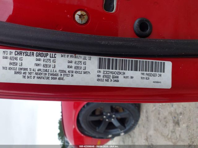 2012 DODGE CHALLENGER 2C3CDYAG4CH294194 Photo 8