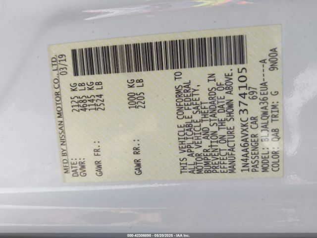1N4AA6AVXKC374105 Nissan Maxima 3.5 S