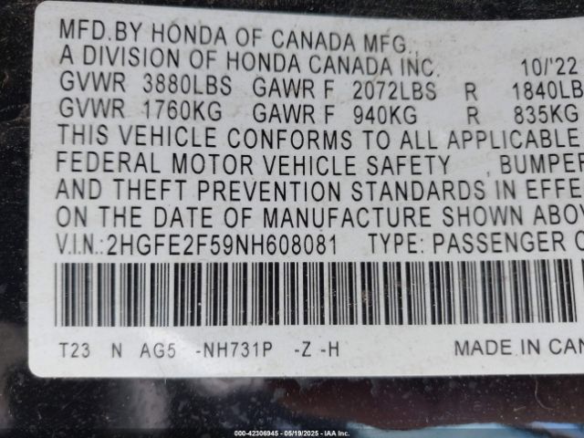 2022 HONDA CIVIC 2HGFE2F59NH608081 Photo 8