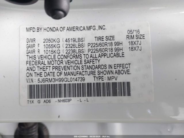 5J6RM3H99GL014739 Honda Cr-v Touring