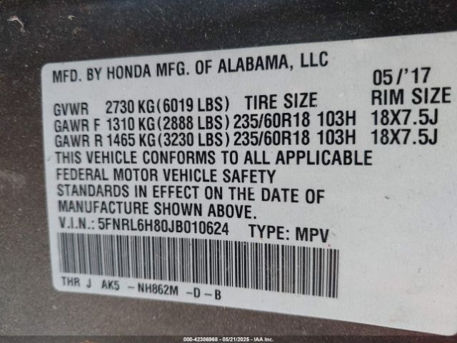 5FNRL6H80JB010624 Honda Odyssey Touring