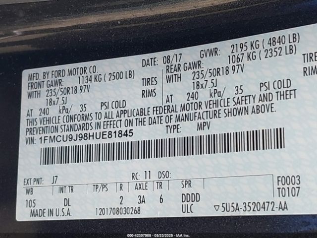 2017 FORD ESCAPE 1FMCU9J98HUE81845 Photo 8